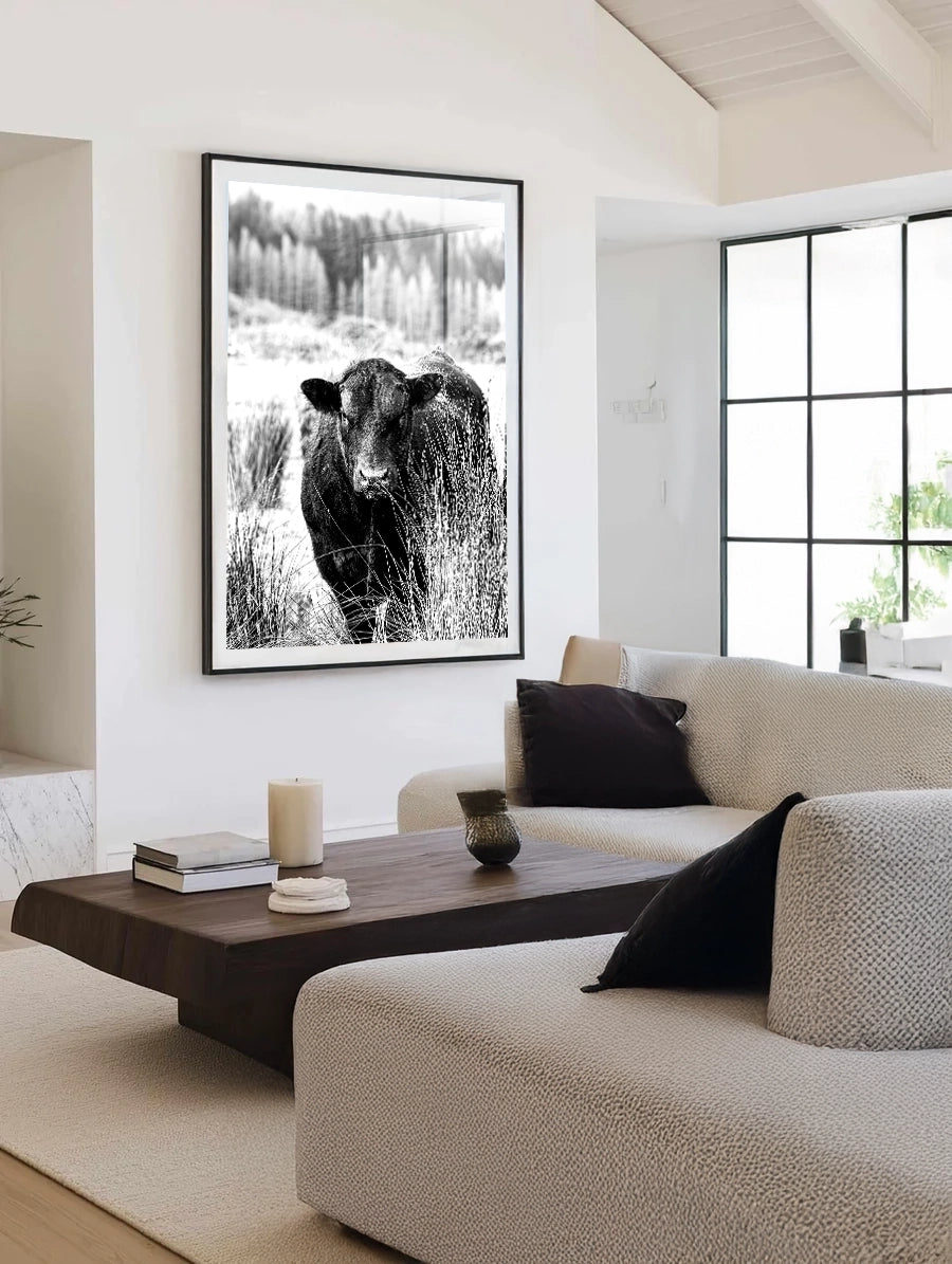 Bull Behind Tussock - In Black and White