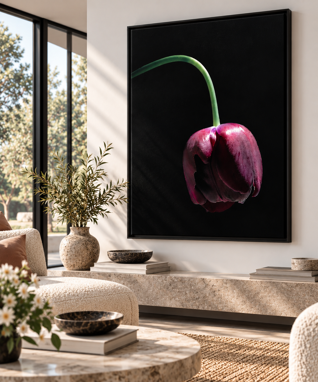 A framed vertical wall art print showing a single dark purple tulip with a green stem on a black background, displayed in a modern living room setting.