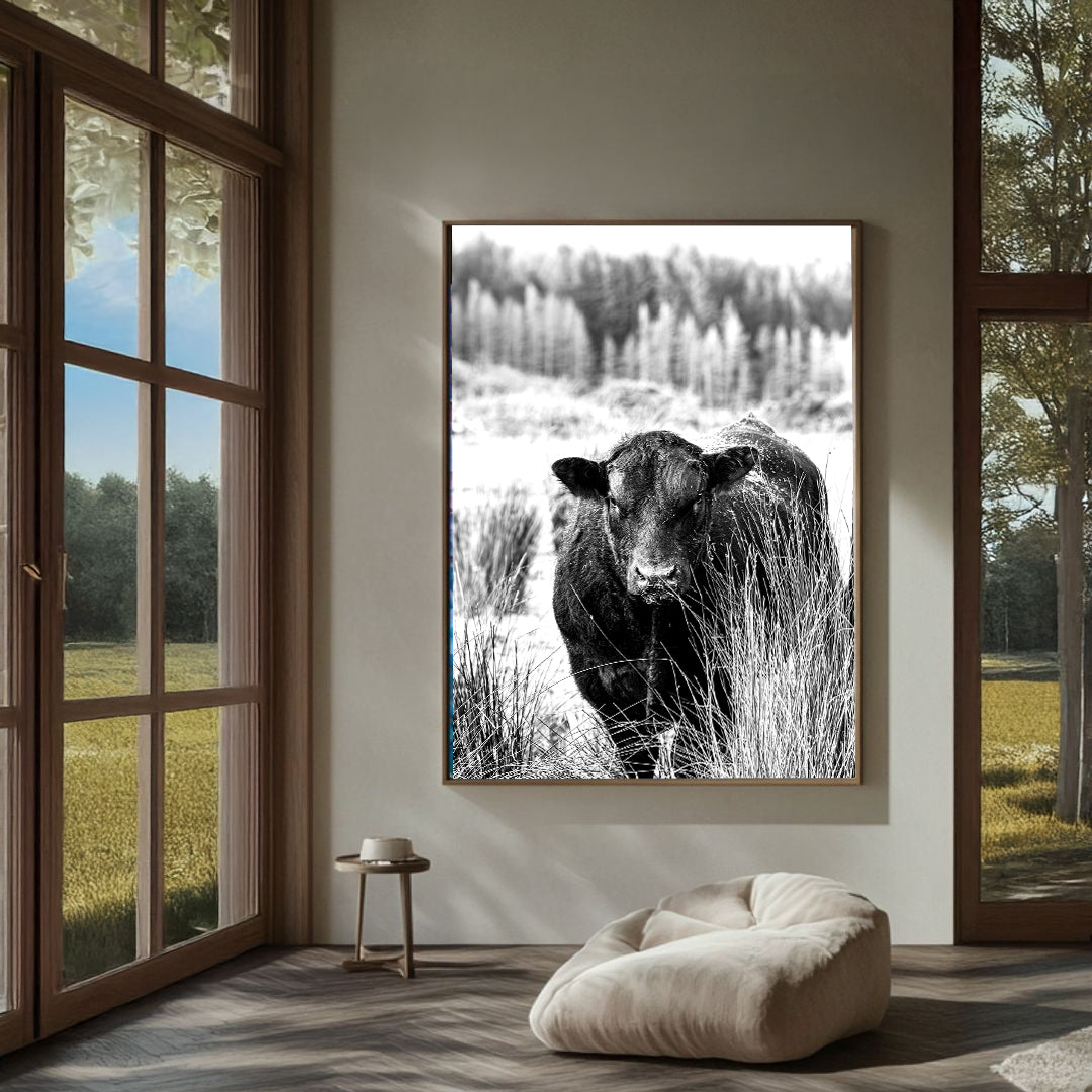 Bull Behind Tussock - In Black and White